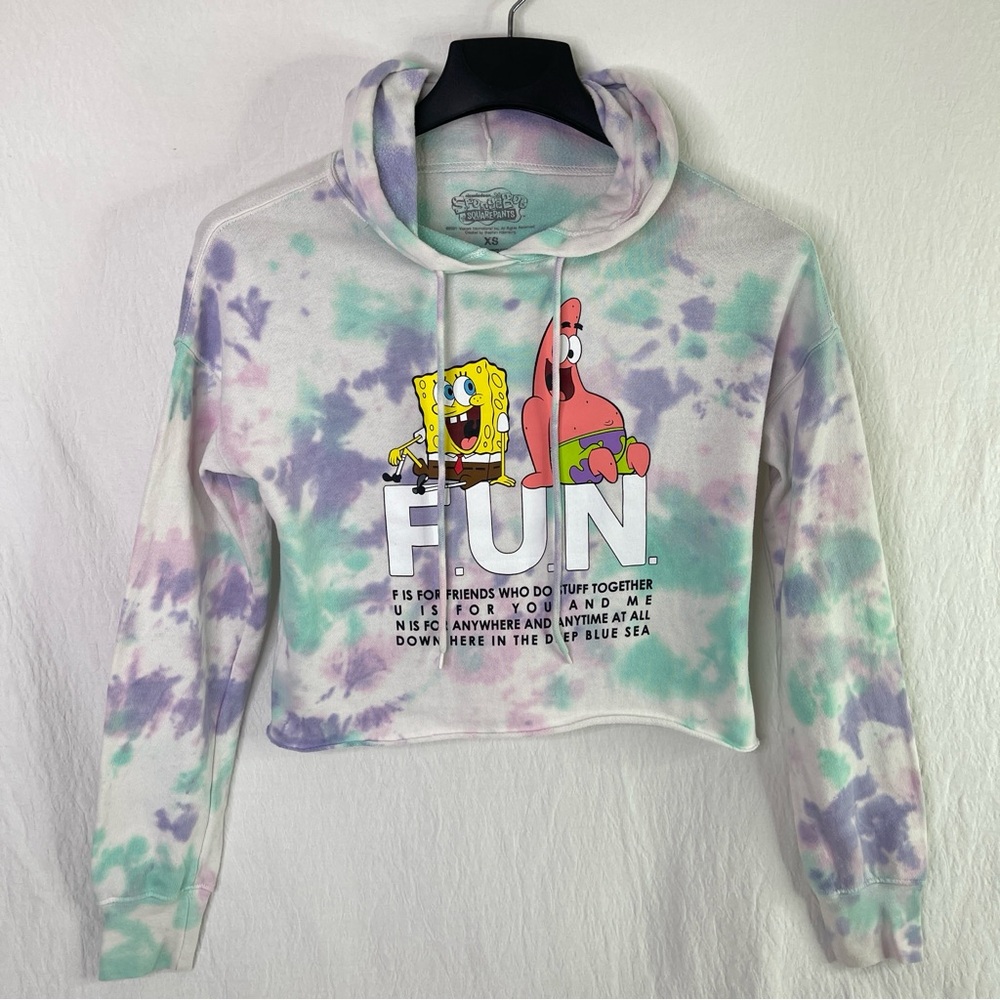 Sponge Bob Square Pants Nickelodeon (FUN) Tie Dye Cropped Top Pullover Hoodie